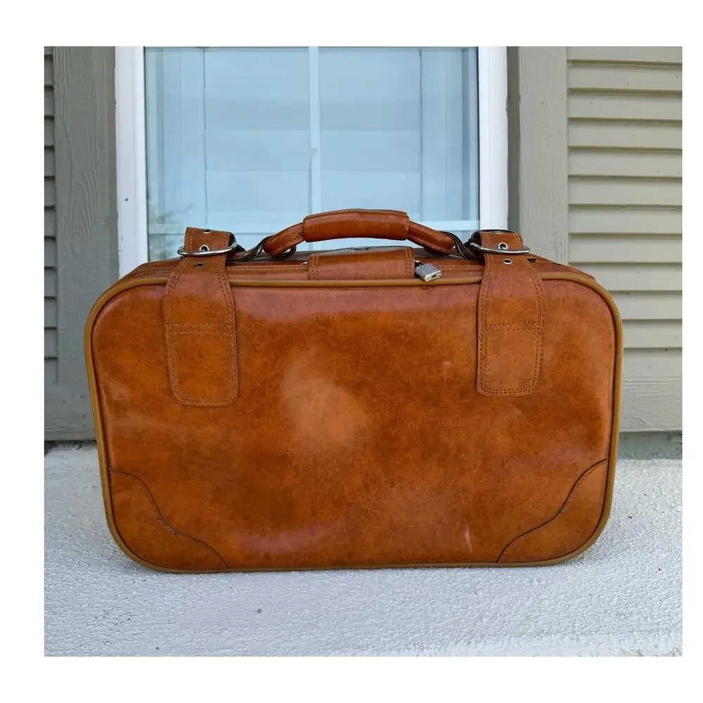 vintage 1970s tan faux-leather carry on suitcase luggage 70s jet set masculine